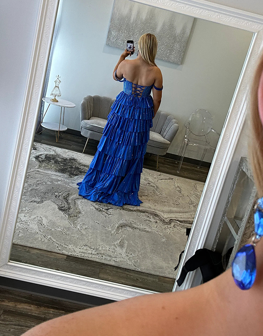 Sparkly Black Silver A-Line Off the Shoulder Corset Beaded Tiered Long Prom Dress with Slit