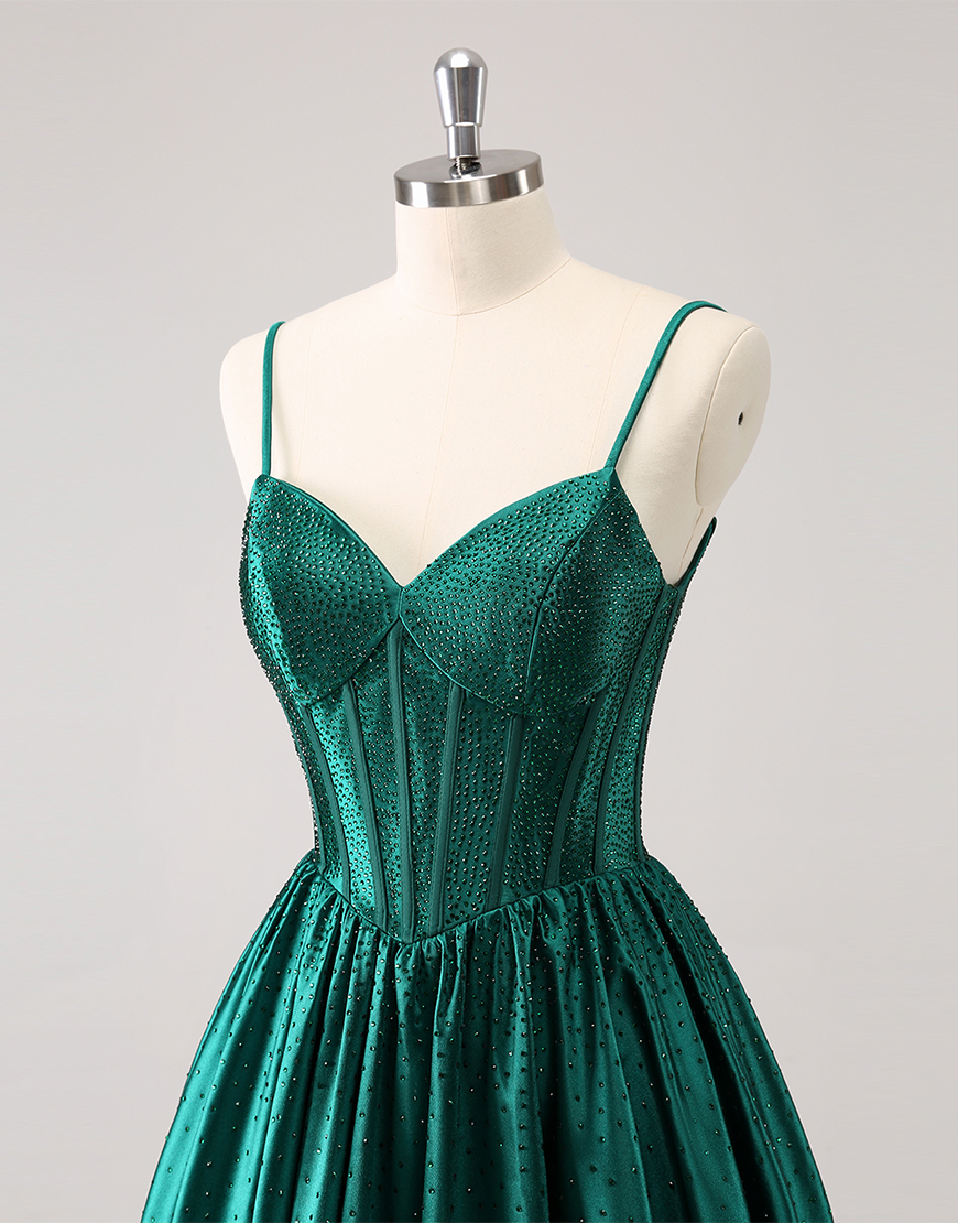 Glitter Dark Green A-Line Beaded Satin Homecoming Dress