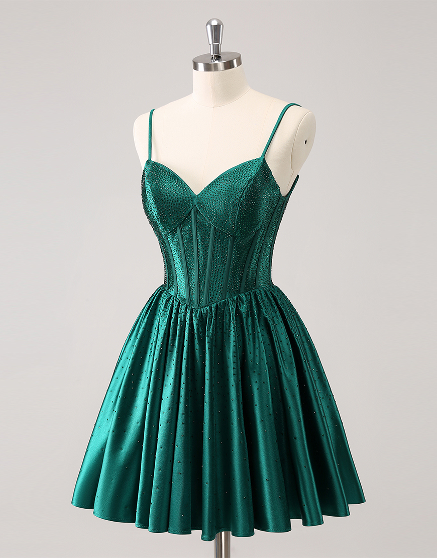 Glitter Dark Green A-Line Beaded Satin Homecoming Dress