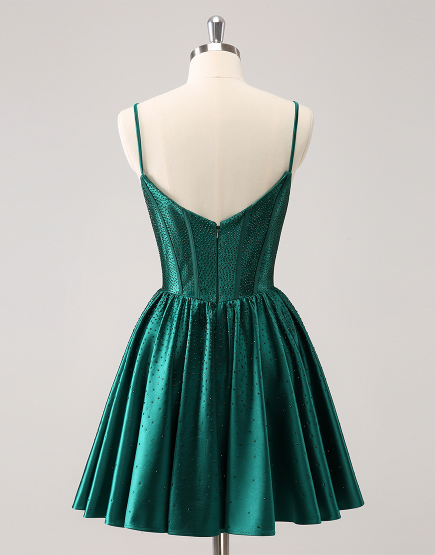 Glitter Dark Green A-Line Beaded Satin Homecoming Dress