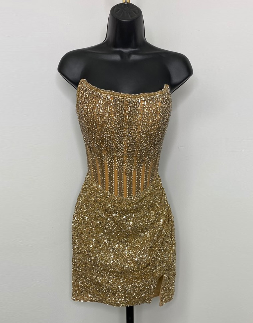 Sparkly Red Sequins Beaded Corset Strapless Tight Homecoming Dress