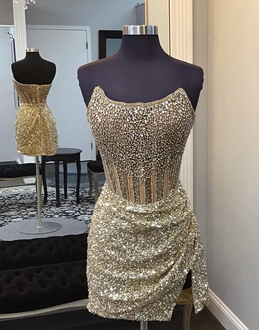 Berlinnova Women Sparkly Golden Homecoming Dress Tight Strapless Rhinestones Corset Sequins Short Prom Dress