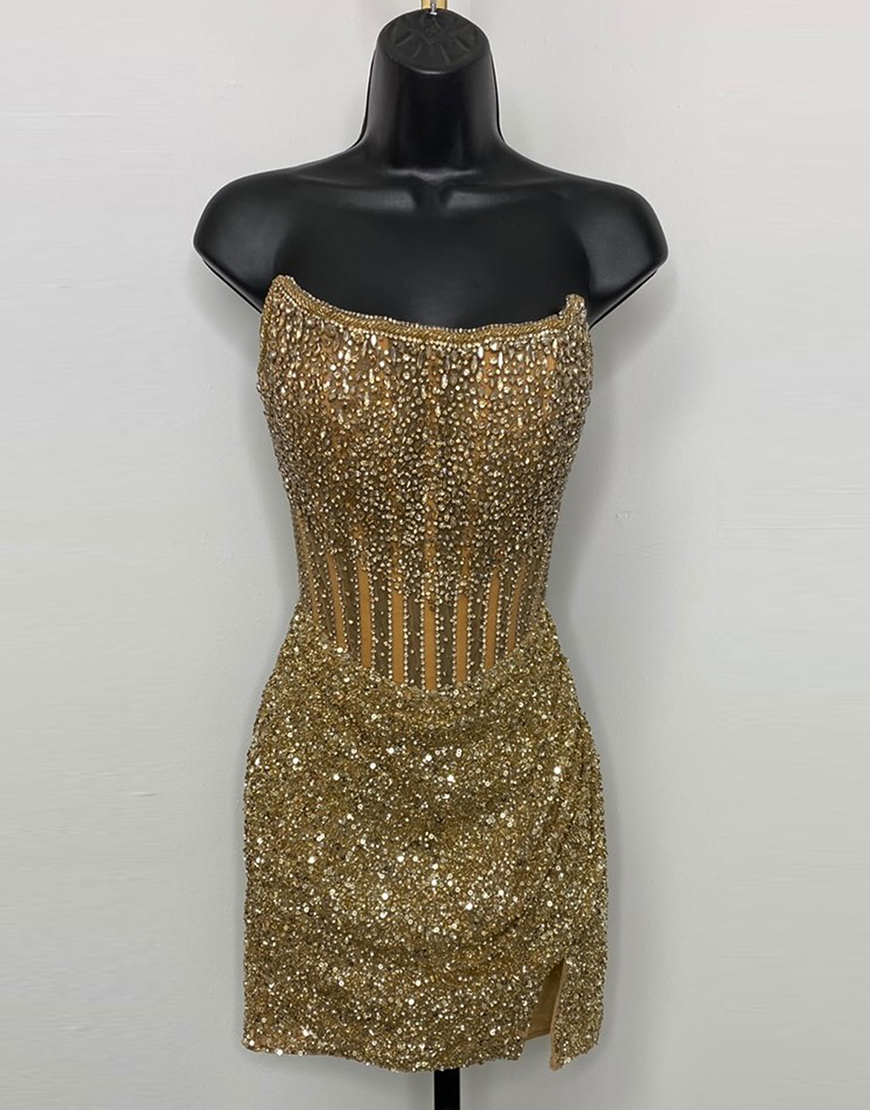 Berlinnova Women Sparkly Golden Homecoming Dress Tight Strapless Rhinestones Corset Sequins Short Prom Dress
