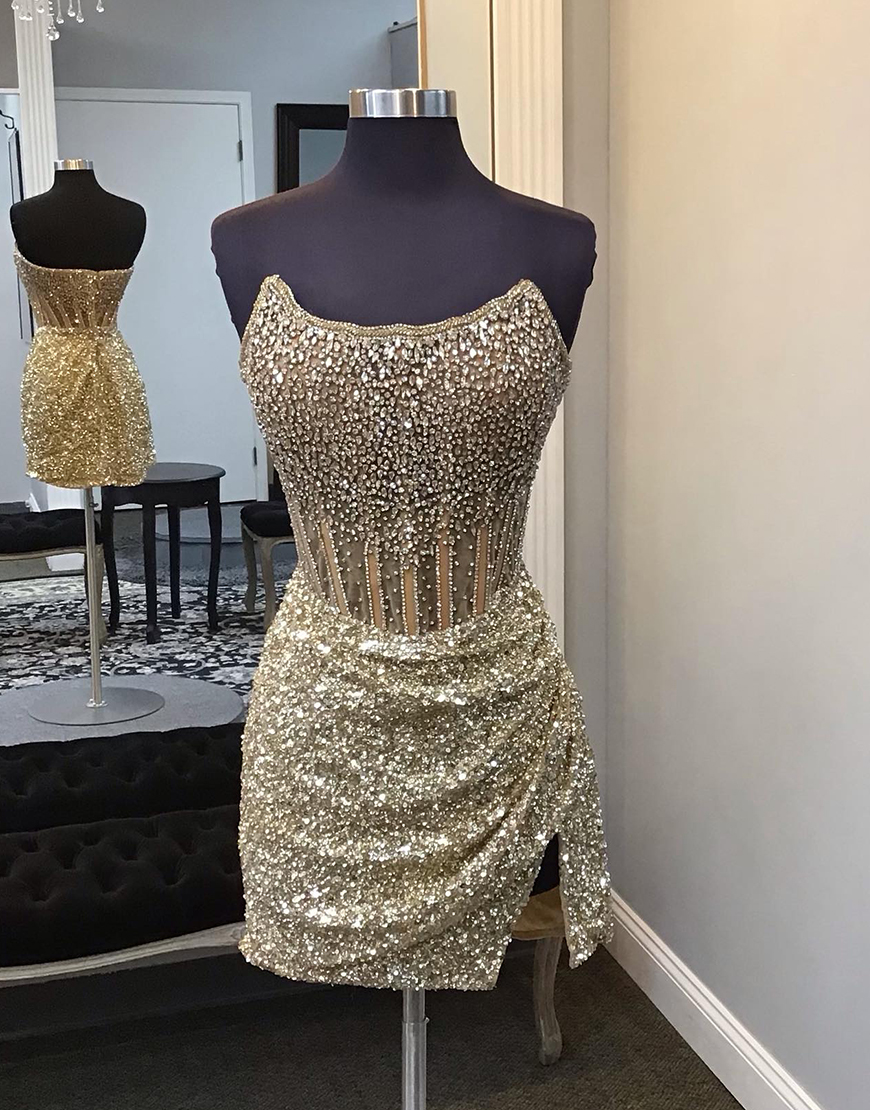 Sparkly Red Sequins Beaded Corset Strapless Tight Homecoming Dress