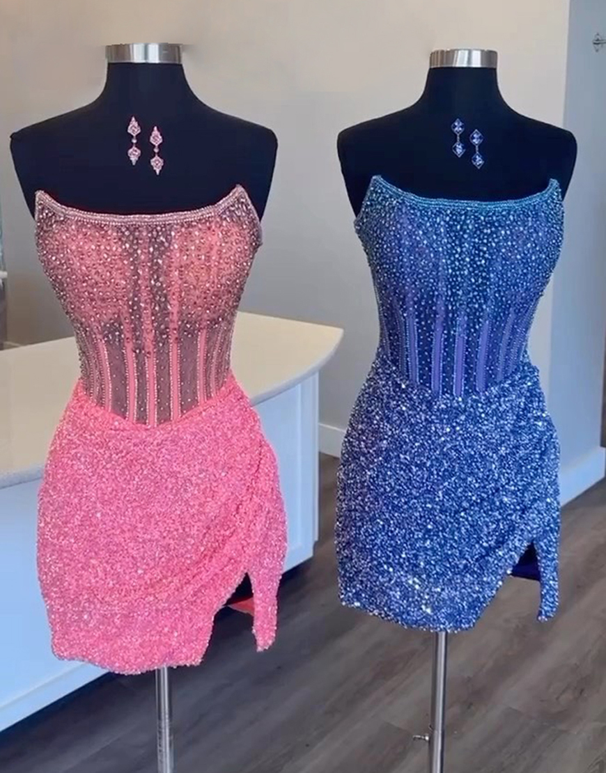 Berlinnova Women Sparkly Hot Pink Homecoming Dress Tight Strapless Rhinestones Corset Sequins Short Prom Dress