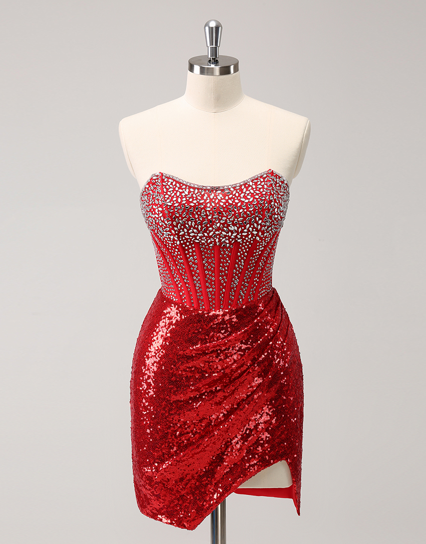 Sparkly Red Sequins Beaded Corset Strapless Tight Homecoming Dress