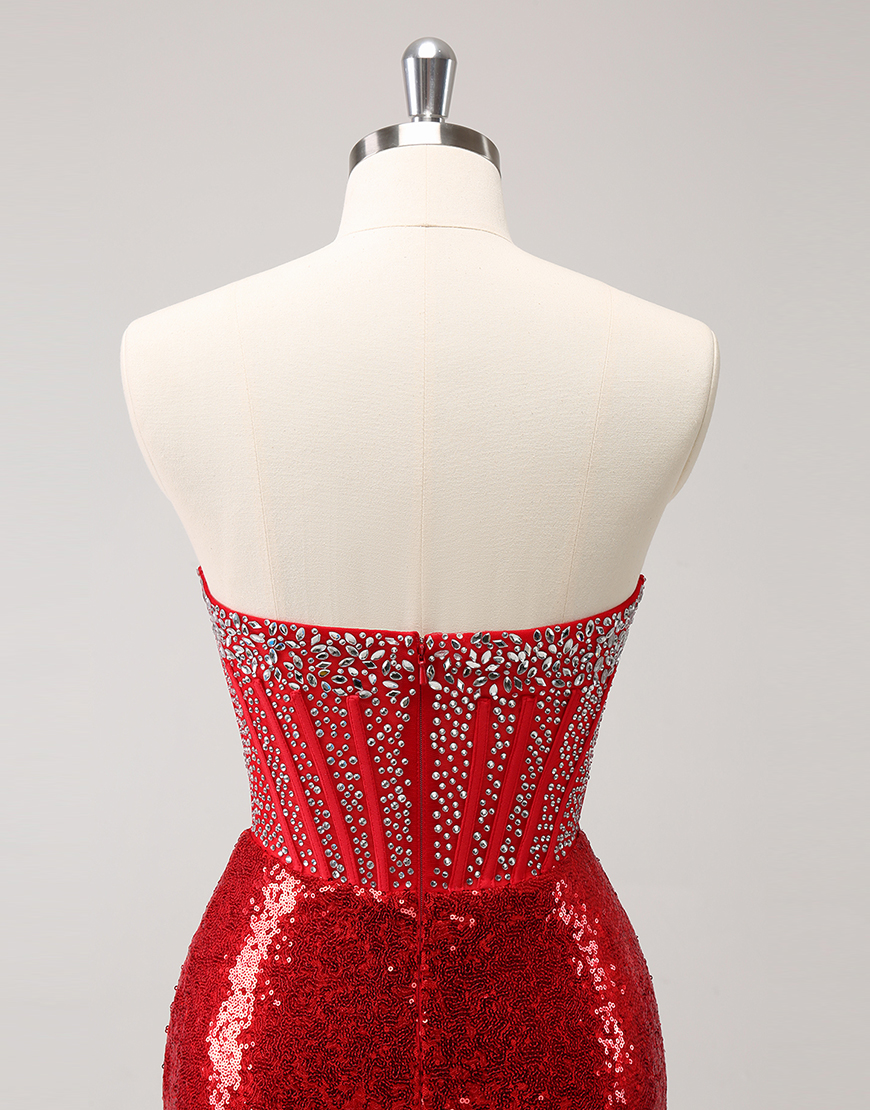Sparkly Red Sequins Beaded Corset Strapless Tight Homecoming Dress