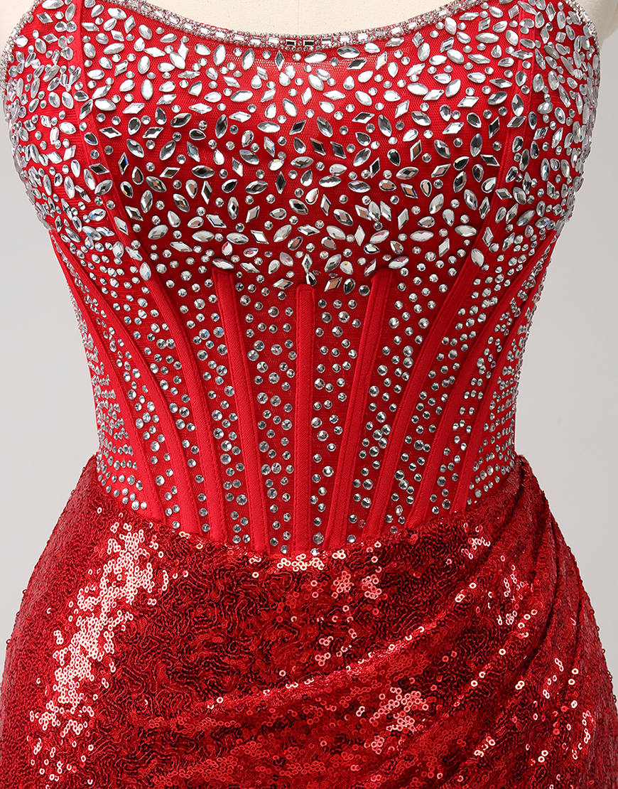 Sparkly Red Sequins Beaded Corset Strapless Tight Homecoming Dress