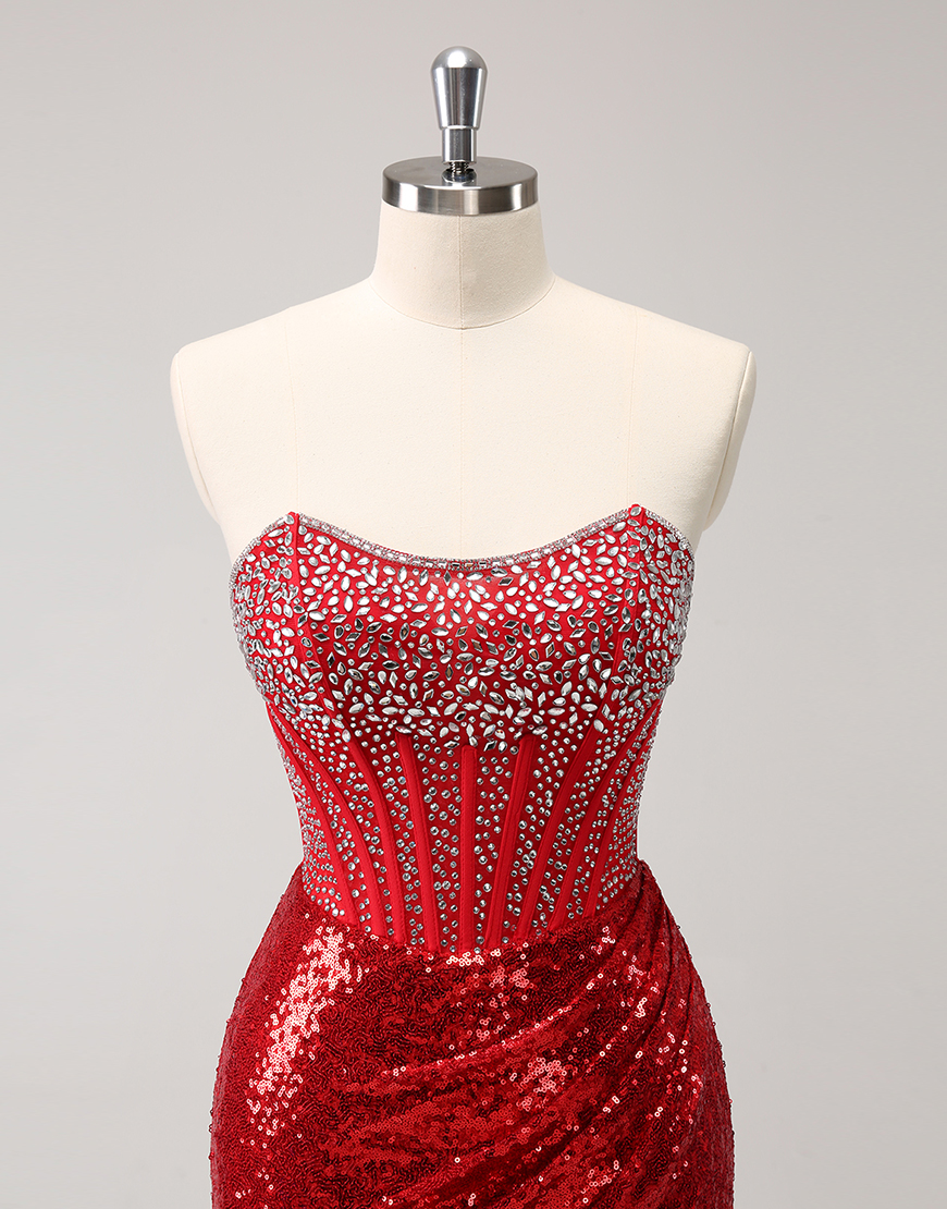 Sparkly Red Sequins Beaded Corset Strapless Tight Homecoming Dress