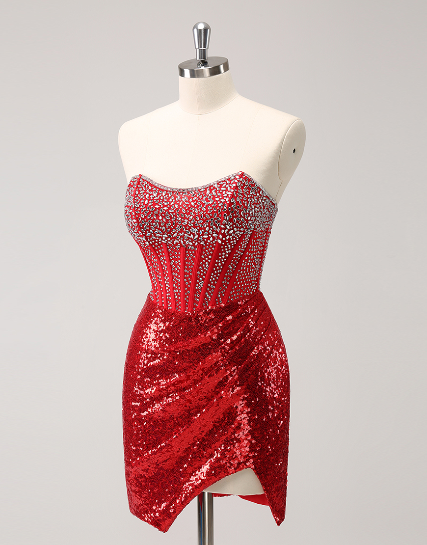 Sparkly Red Sequins Beaded Corset Strapless Tight Homecoming Dress