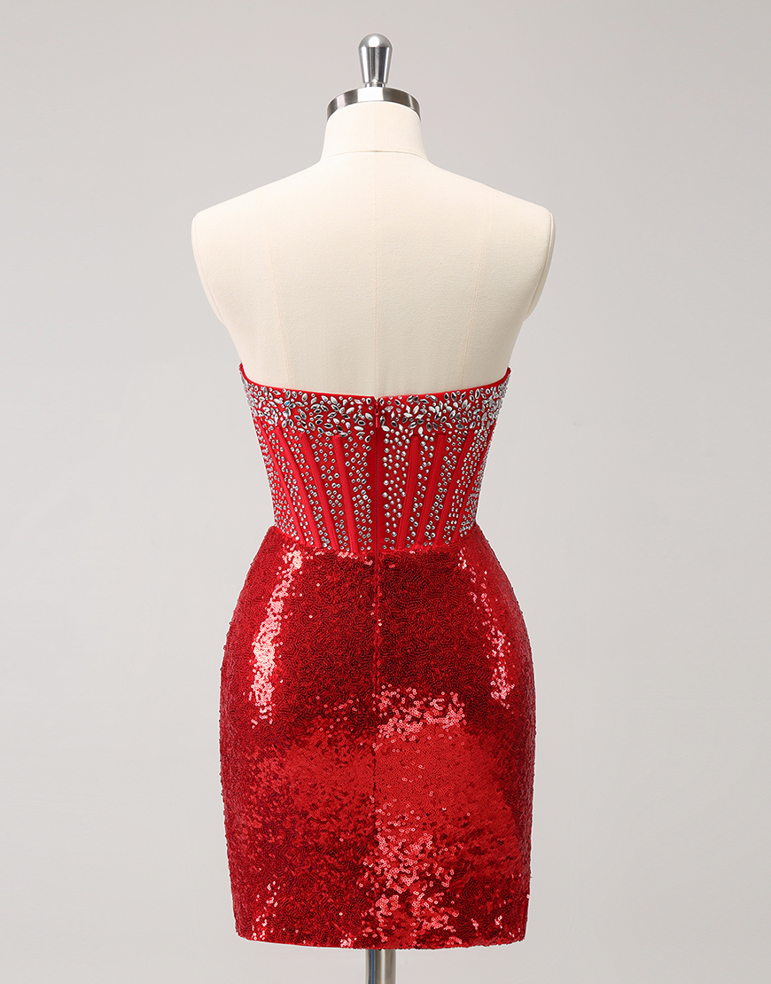 Sparkly Red Sequins Beaded Corset Strapless Tight Homecoming Dress