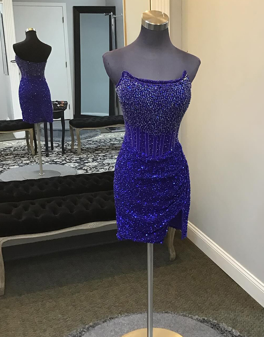 Berlinnova Women Sparkly Royal Blue Homecoming Dress Tight Strapless Rhinestones Corset Sequins Short Prom Dress