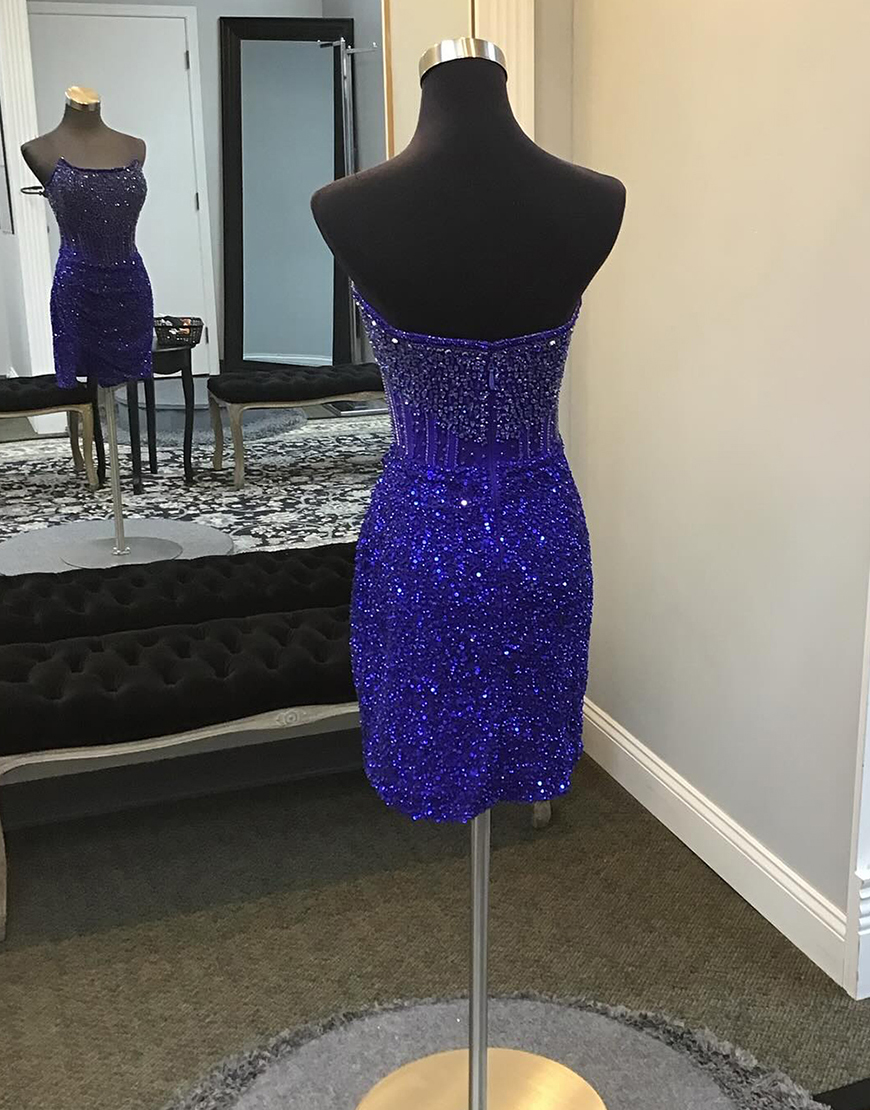 Berlinnova Women Sparkly Royal Blue Homecoming Dress Tight Strapless Rhinestones Corset Sequins Short Prom Dress