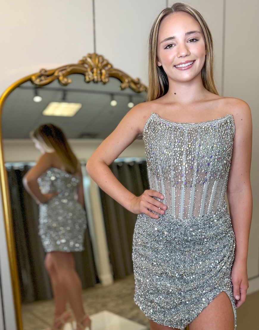 Berlinnova Women Sparkly Silver Homecoming Dress Tight Strapless Rhinestones Corset Sequins Short Prom Dress