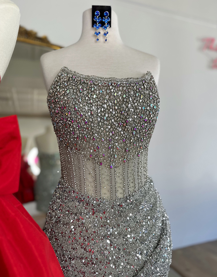 Berlinnova Women Sparkly Silver Homecoming Dress Tight Strapless Rhinestones Corset Sequins Short Prom Dress