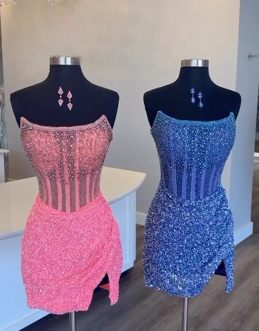 Sparkly Red Sequins Beaded Corset Strapless Tight Homecoming Dress