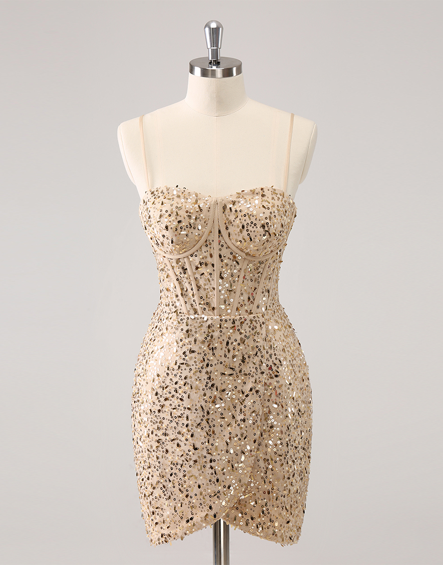 Sparkly Golden Tight Sequins Spaghetti Straps Corset Homecoming Dress