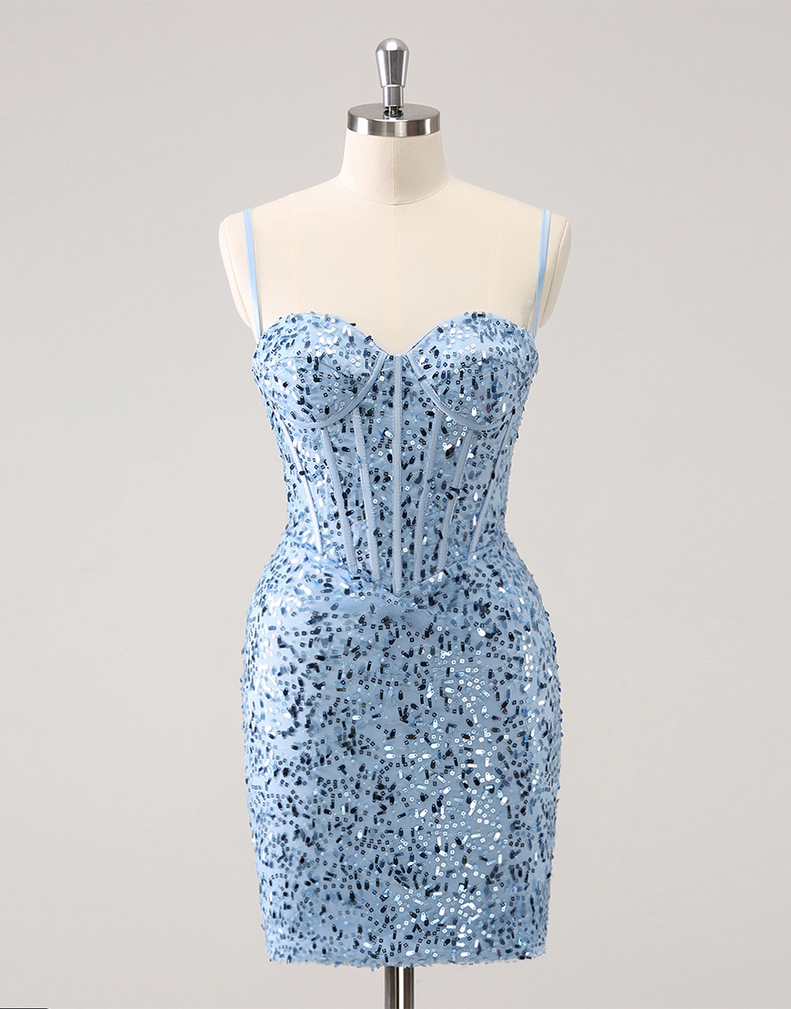 Glitter Blue Sequins Tight Spaghetti Straps Homecoming Dress 