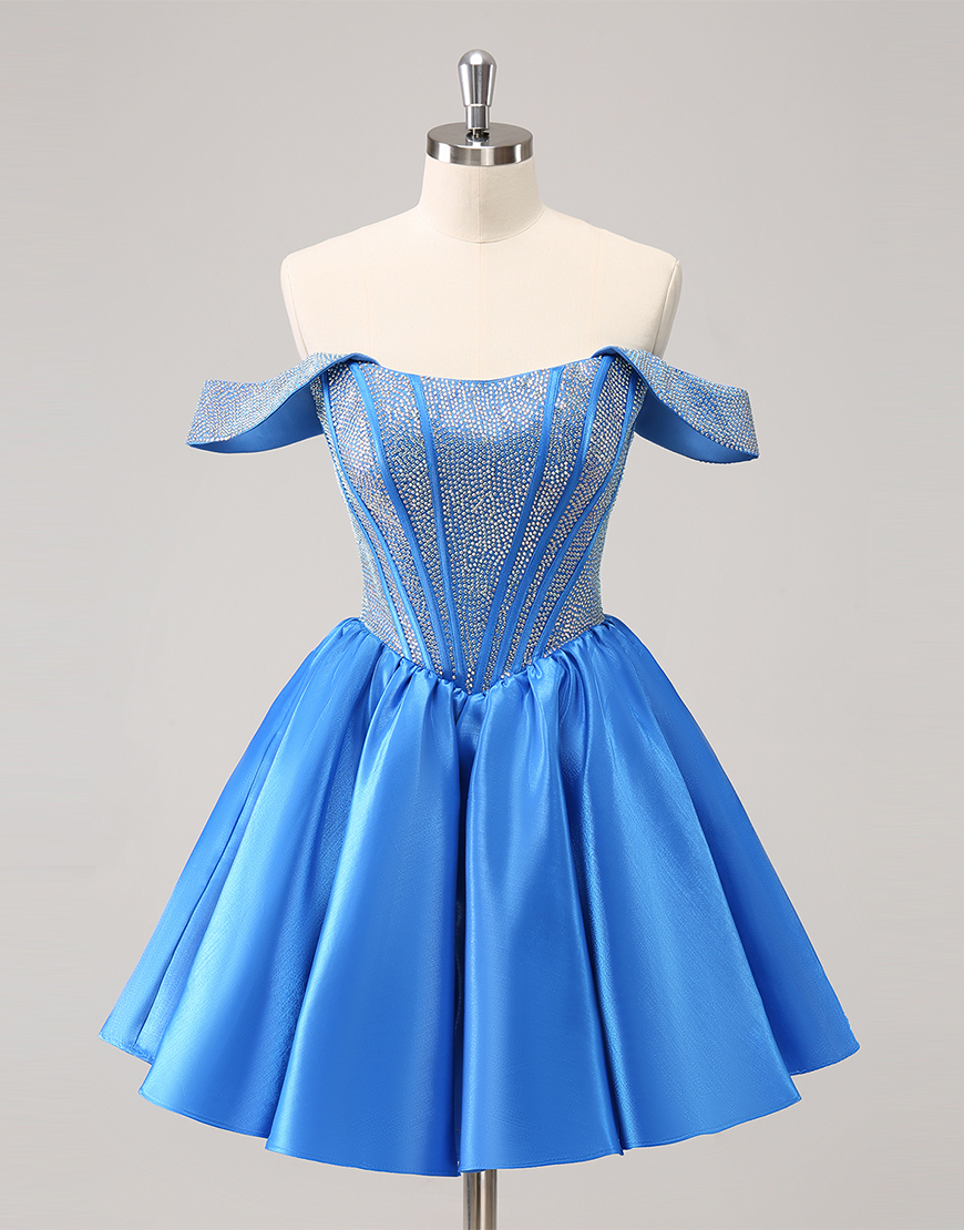 Glitter Blue Off-the-Shoulder Beaded Satin Homecoming Dress 