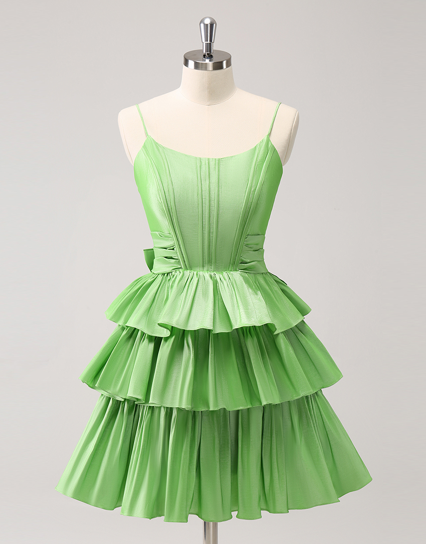 Green A-Line Tiered Satin Corset Homecoming Dress with Bow