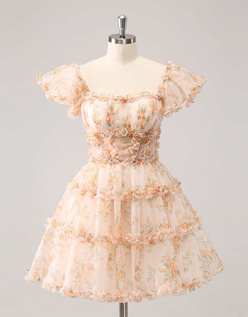 Yellow A-Line Tulle Floral Prints Ruffled Homecoming Dress