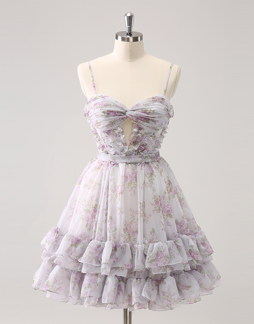 Lilac A-Line Ruffled Tiered Floral Prints Tulle Homecoming Dress 
