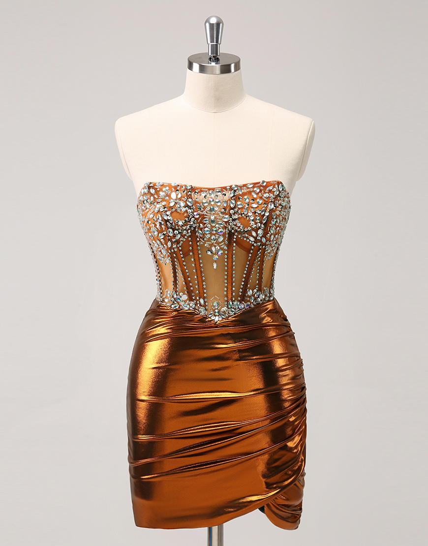 Sparkly Cooper Strapless Tight Beaded Corset Satin Homecoming Dress