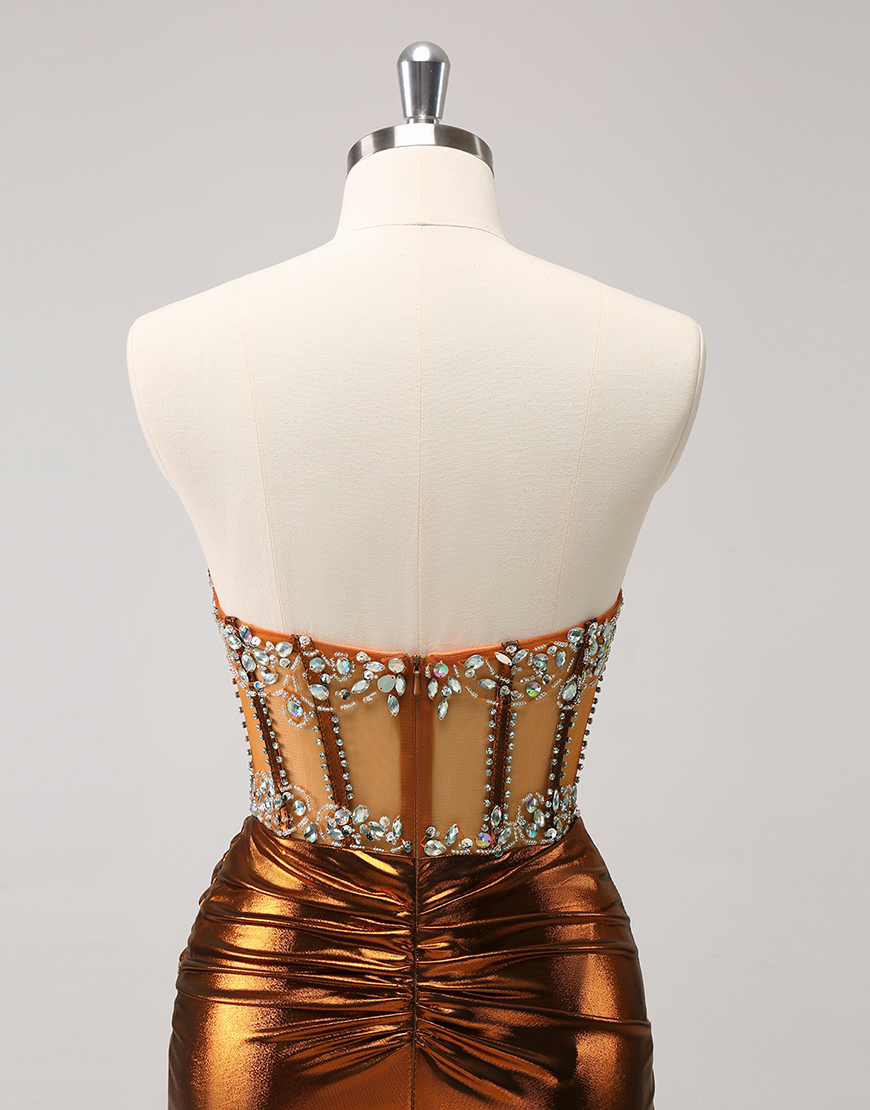 Sparkly Cooper Strapless Tight Beaded Corset Satin Homecoming Dress