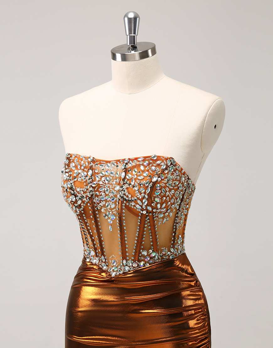 Sparkly Cooper Strapless Tight Beaded Corset Satin Homecoming Dress