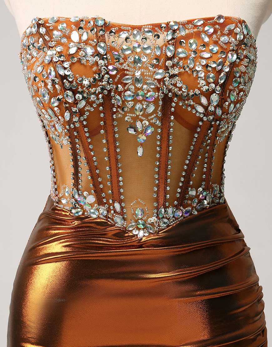 Sparkly Cooper Strapless Tight Beaded Corset Satin Homecoming Dress