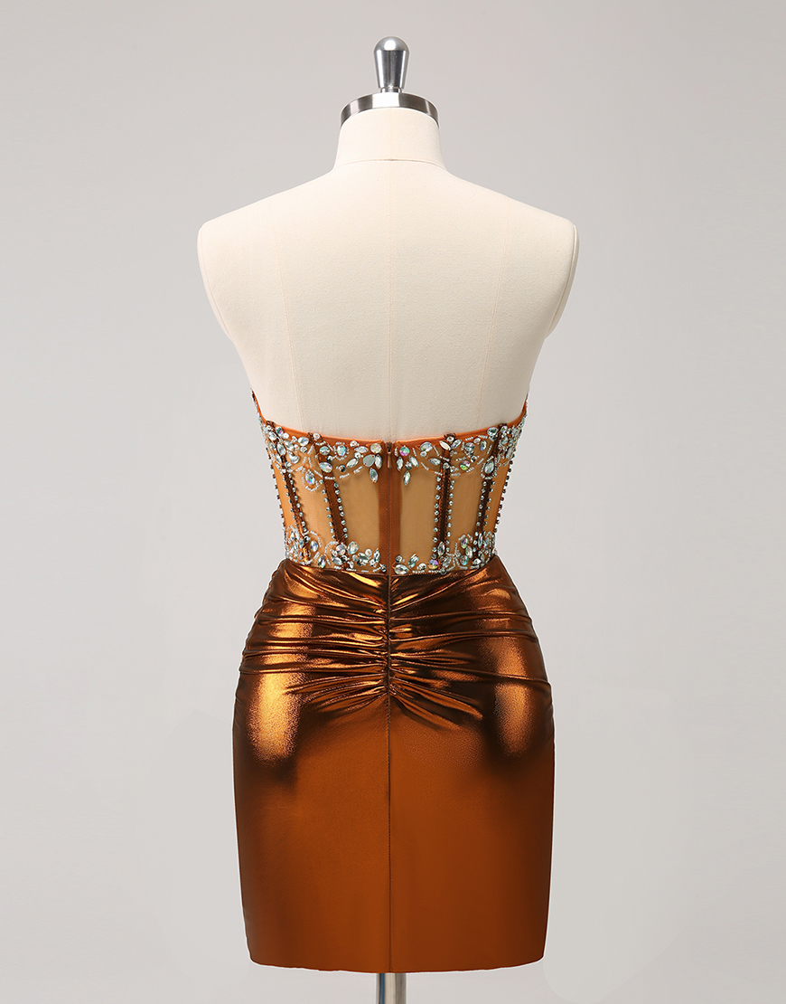 Sparkly Cooper Strapless Tight Beaded Corset Satin Homecoming Dress