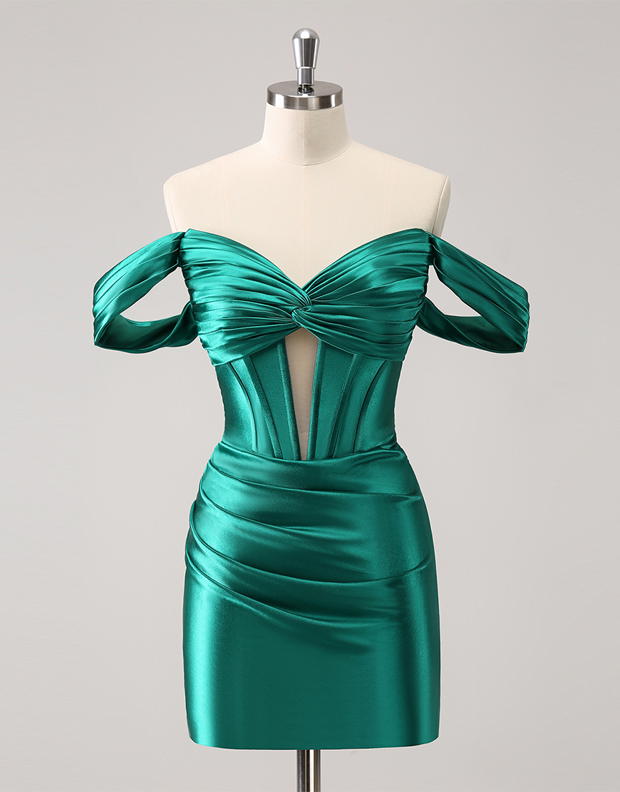 Dark Green Tight Satin Off-the-Shoulder Pleats Corset Homecoming Dress