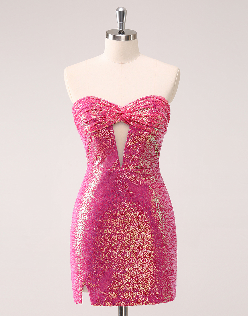 Sparkly Fuchsia Tight Strapless Sequins Homecoming Dress