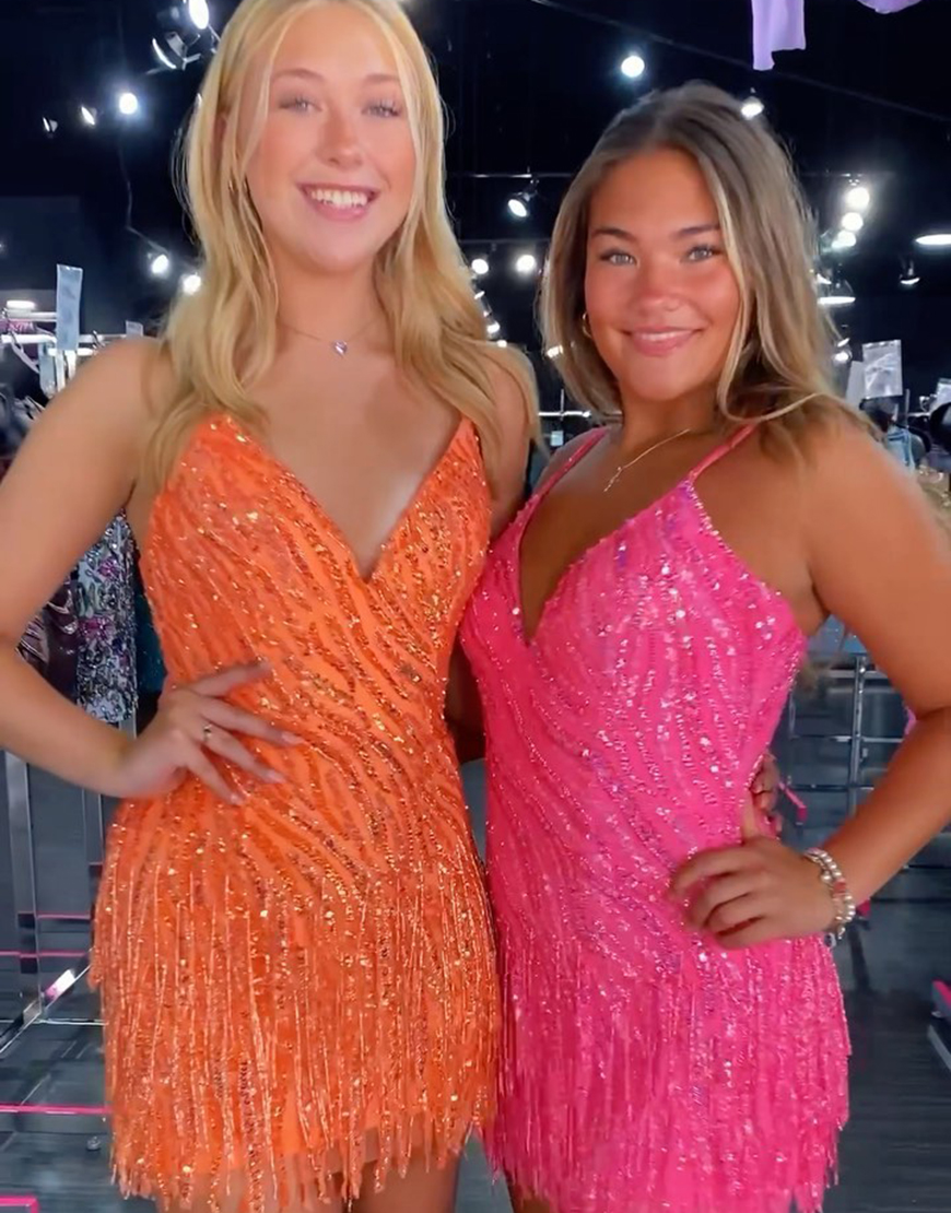 Sparkly Orange V Neck Sequined Tight Homecoming Dress with Tassels