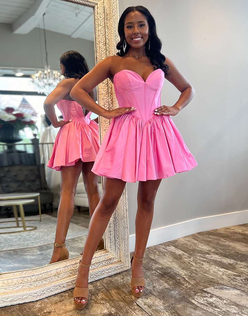 Pink A-Line Strapless Satin Corset Homecoming Dress
