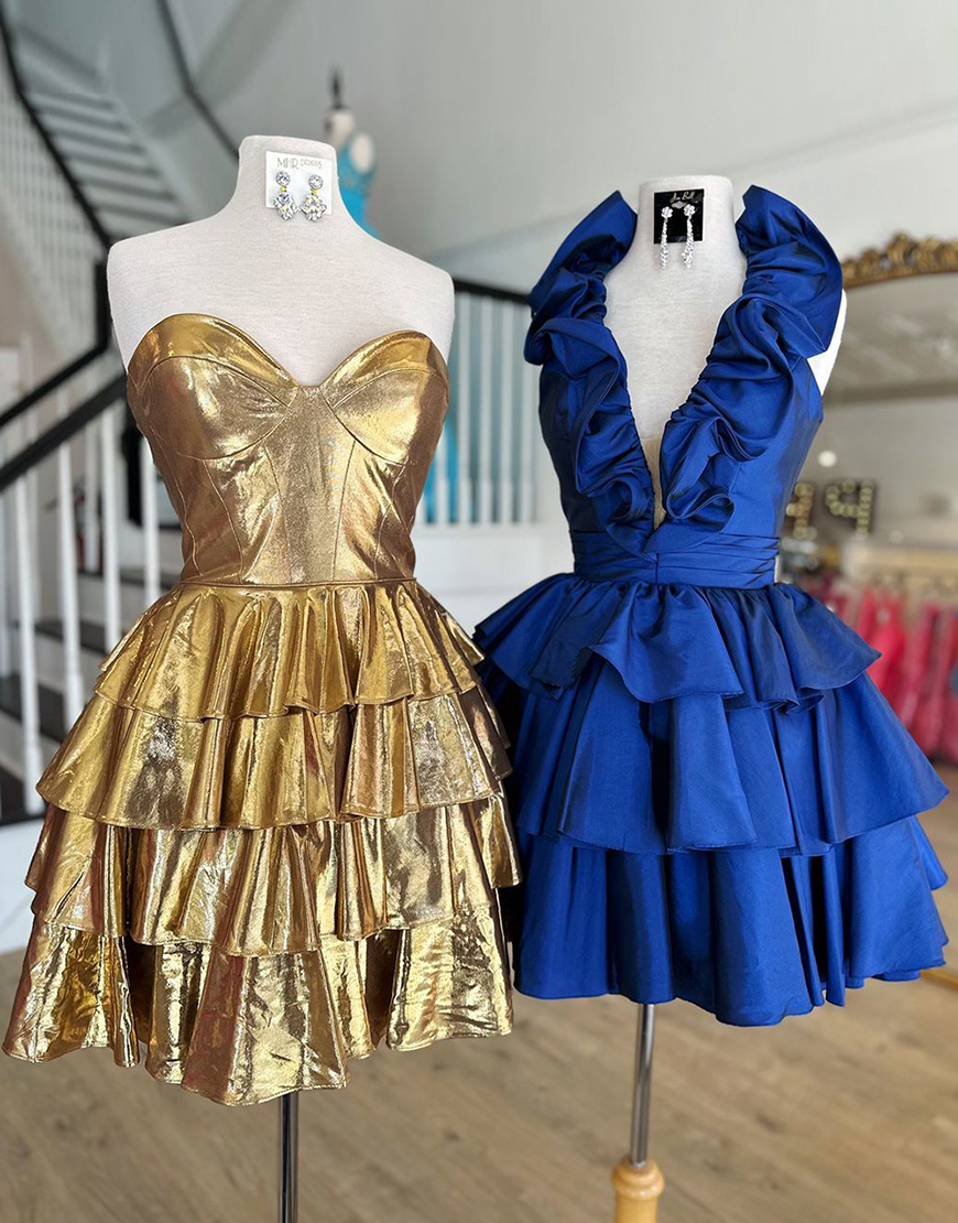 Royal Blue A-Line Ruffled Halter Tiered Satin Homecoming Dress 