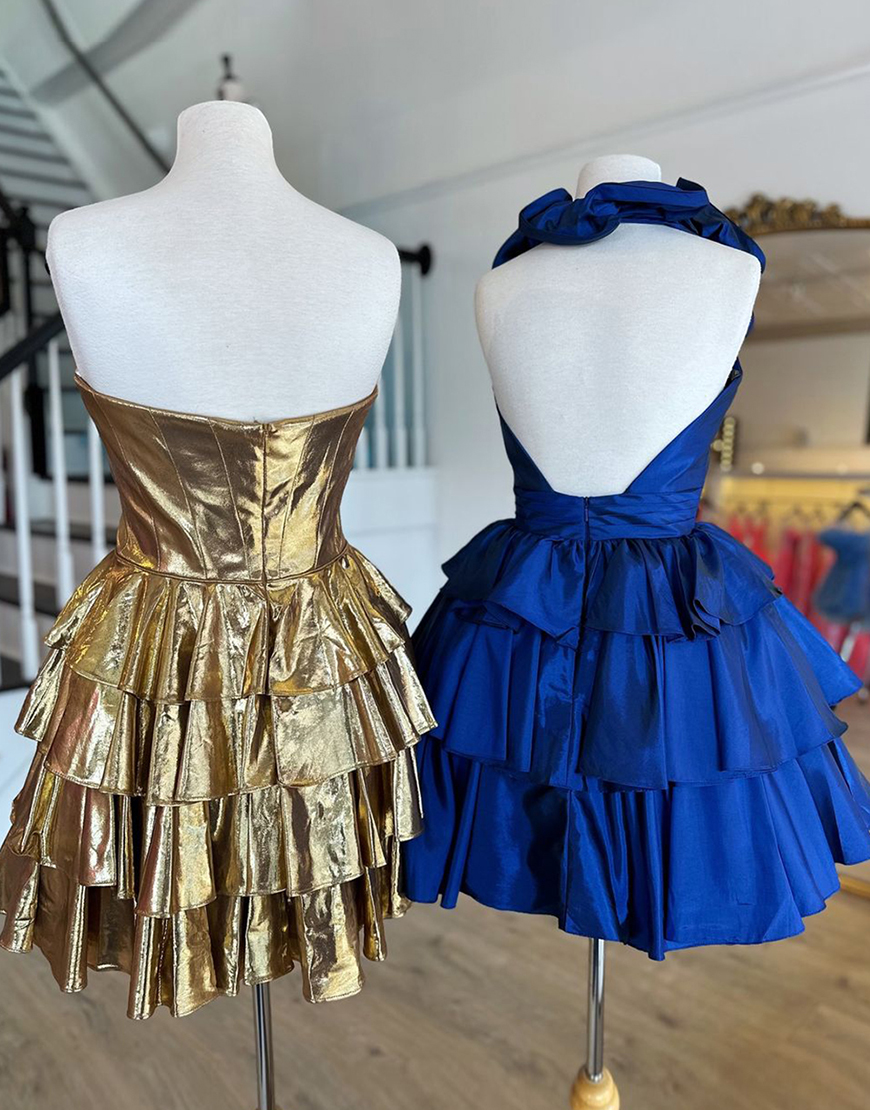 Royal Blue A-Line Ruffled Halter Tiered Satin Homecoming Dress 