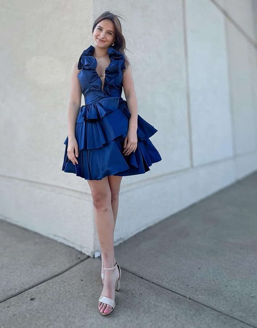 Royal Blue A-Line Ruffled Halter Tiered Satin Homecoming Dress 