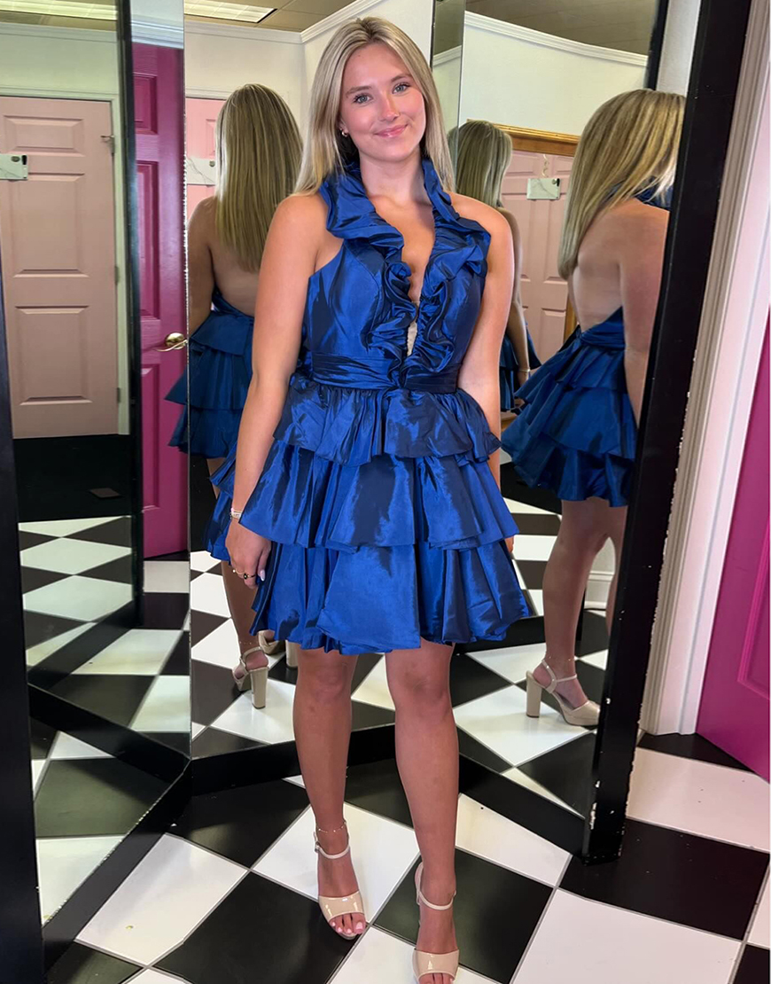 Royal Blue A-Line Ruffled Halter Tiered Satin Homecoming Dress 