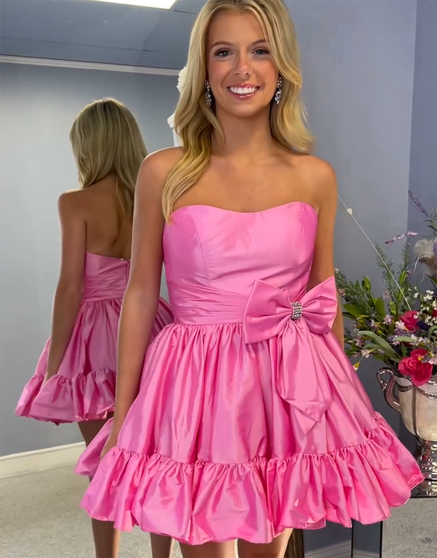 Fuchsia A-Line Strapless Satin Homecoming Dress with Bow