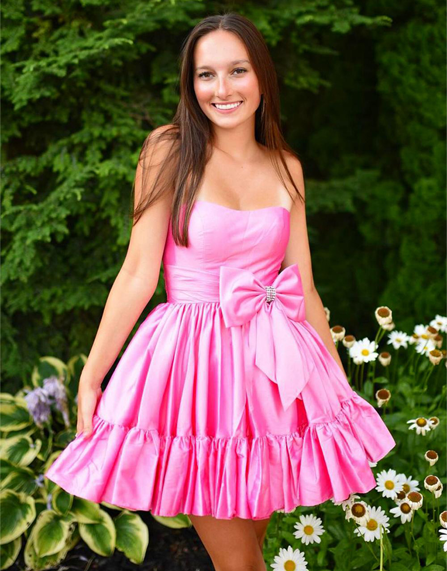 Fuchsia A-Line Satin Strapless Homecoming Dress with Bow