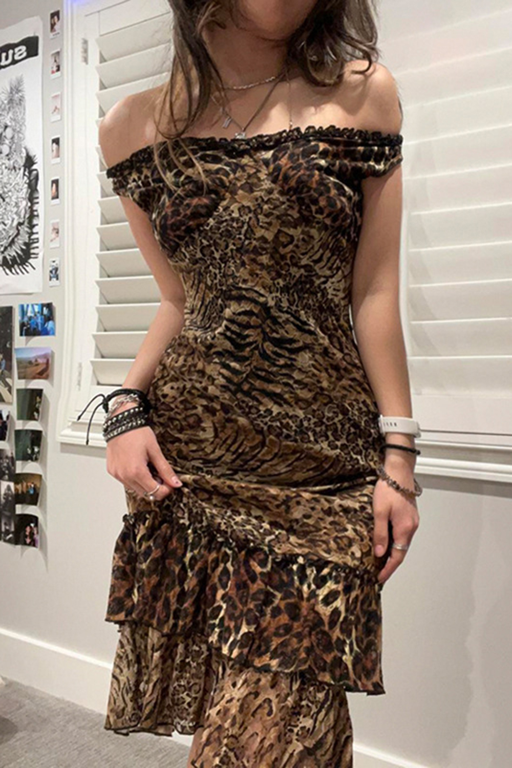 Sexy Women Leopard Print Streetwear Tiered Midi Dress