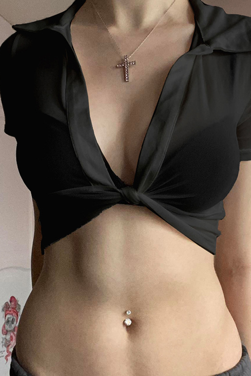 Black Vintage Style Beach Tie Up Crop Top
