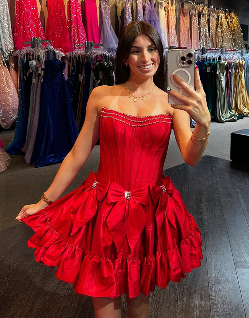 Sparkly Red A Line Corset Beaded Ruffled Homecoming Dress with Bows