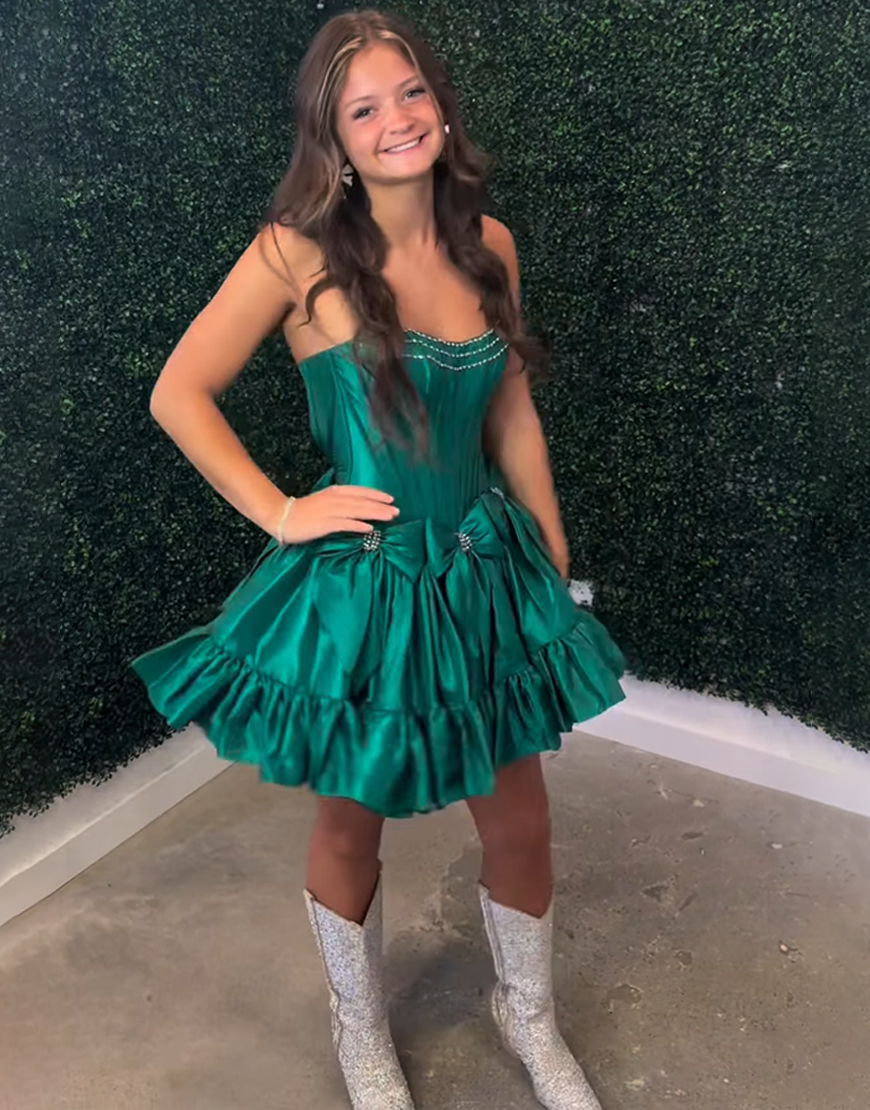 Sparkly Red A Line Corset Beaded Ruffled Homecoming Dress with Bows