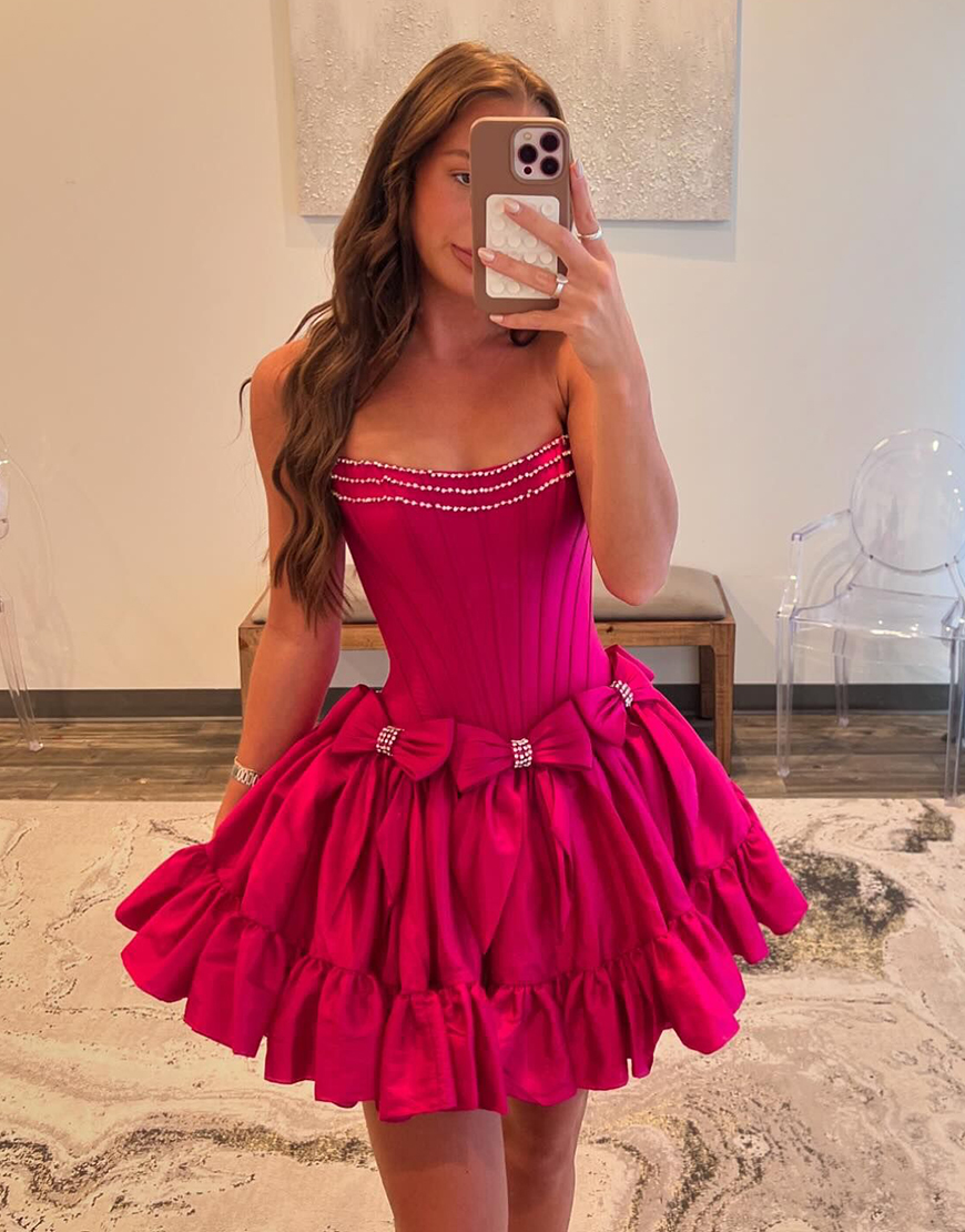 Sparkly Fuchsia A-Line Beaded Ruffle Corset Homecoming Dress with Bowknots
