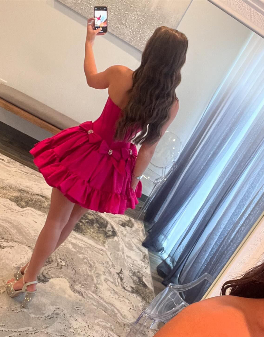Sparkly Fuchsia A-Line Beaded Ruffle Corset Homecoming Dress with Bowknots