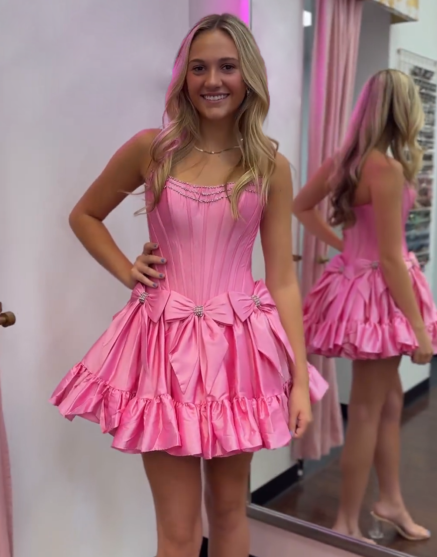 Sparkly Black A-Line Beaded Ruffle Homecoming Dress with Bowknots