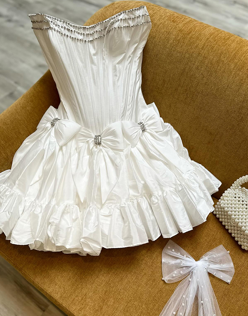 Sparkly White A-Line Beaded Ruffle Homecoming Dress with Bowknots