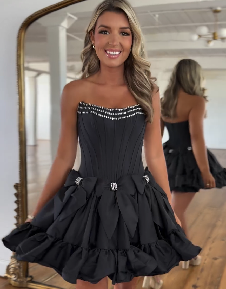 Sparkly Black A-Line Beaded Ruffle Homecoming Dress with Bowknots